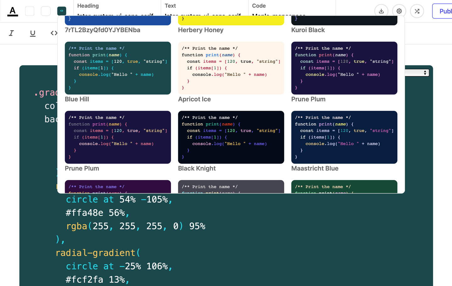 Dropdown menu showing saved themes for syntax highlighting